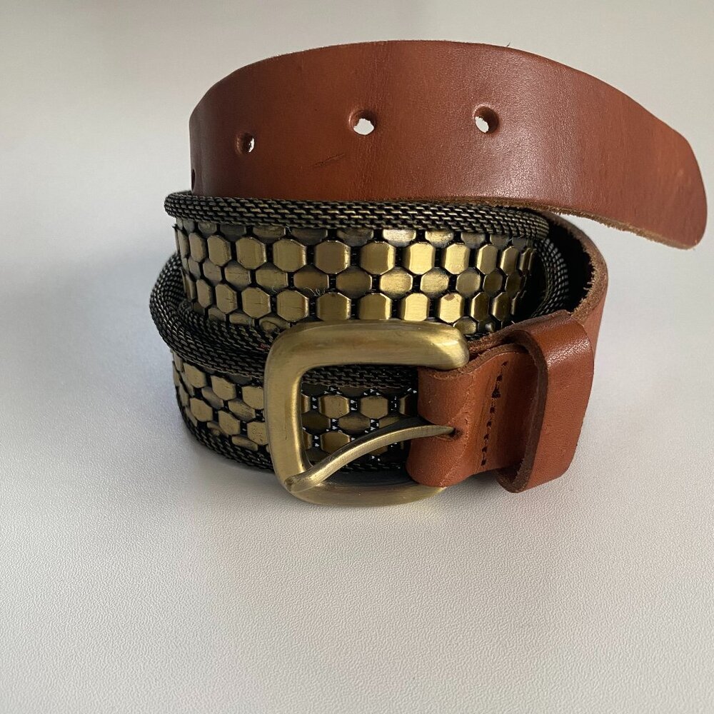 Danier Cognac Leather and Chainmail Hexagon Belt 32"-35"